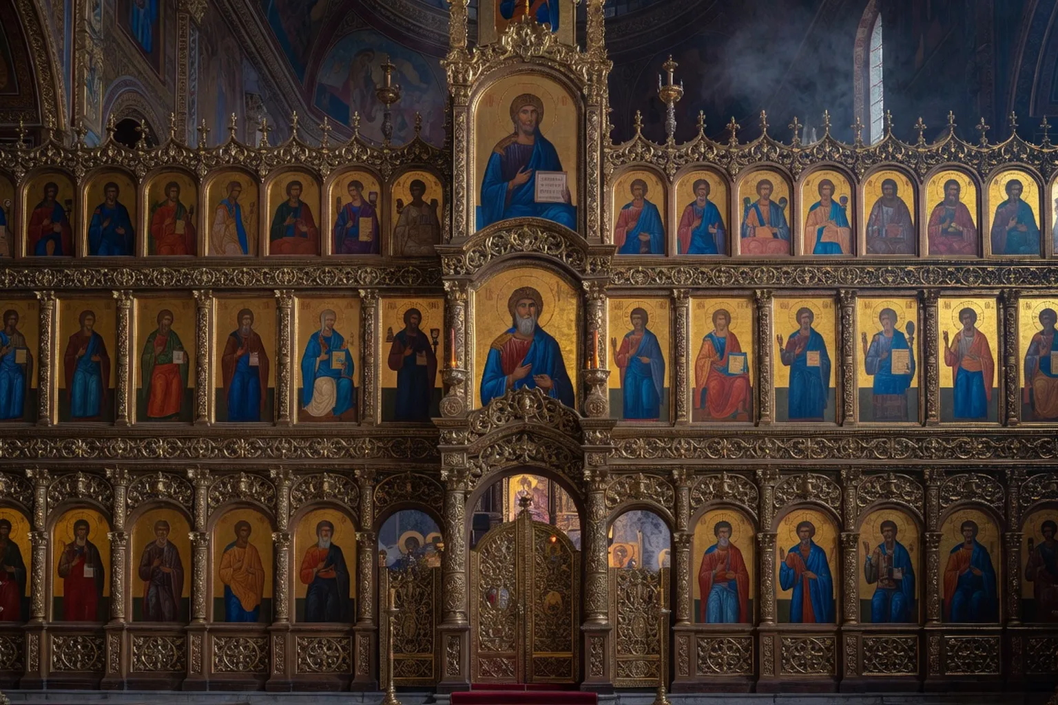 Iconostase orthodoxe russe avec icones des saints en rangees