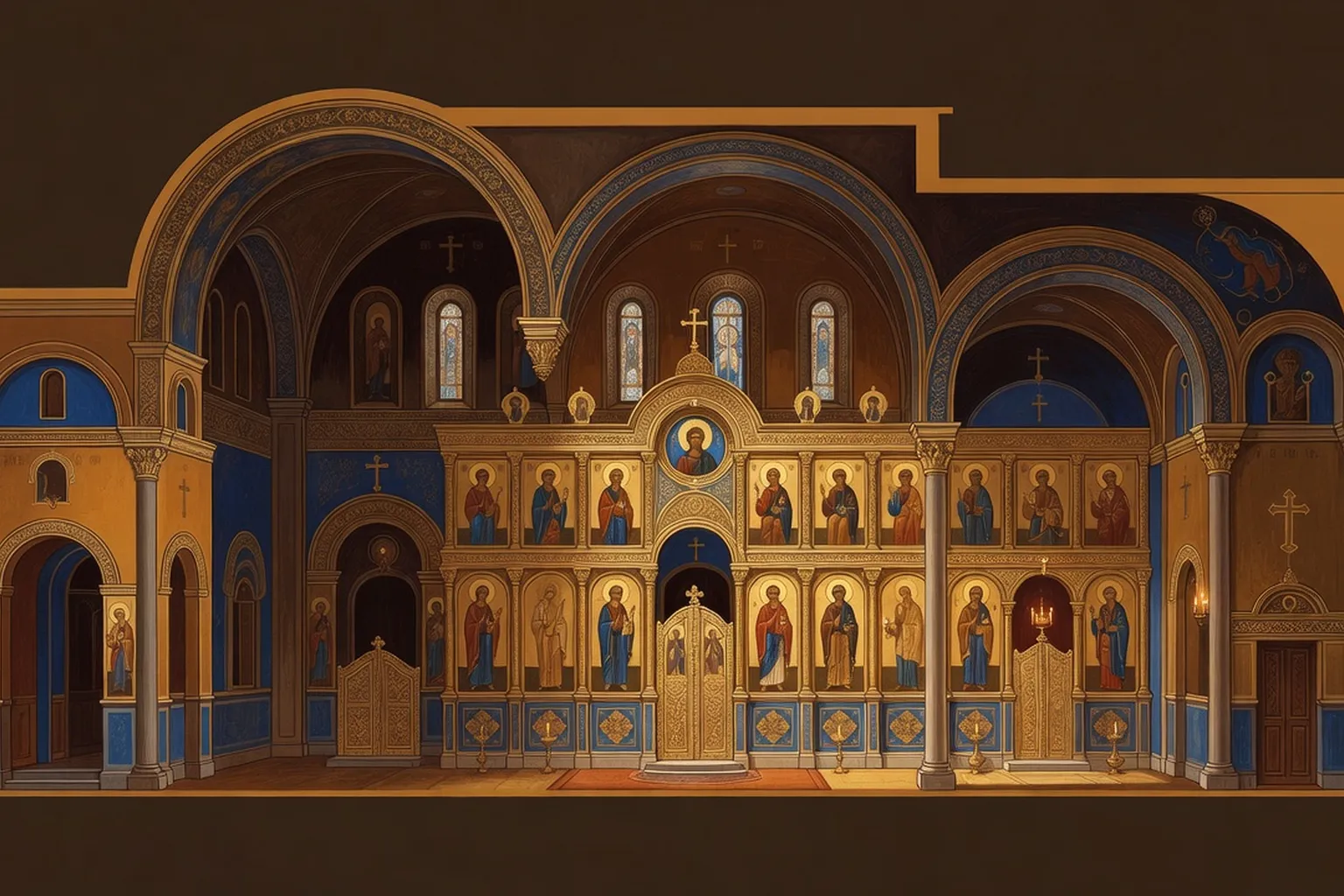 Plan architectural d'une église orthodoxe russe — narthex, naos, sanctuaire