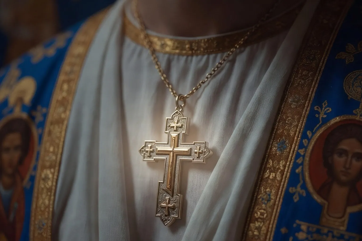 Croix baptismale orthodoxe russe sur vêtement blanc — détail