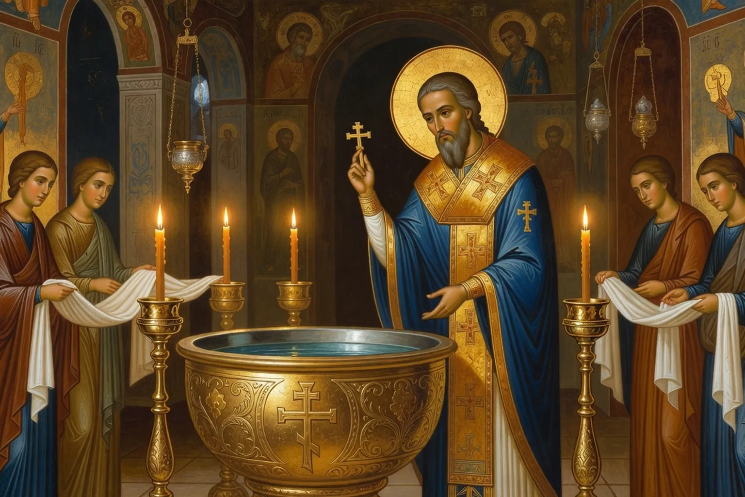 Bénédiction de l'eau baptismale par un prêtre orthodoxe russe