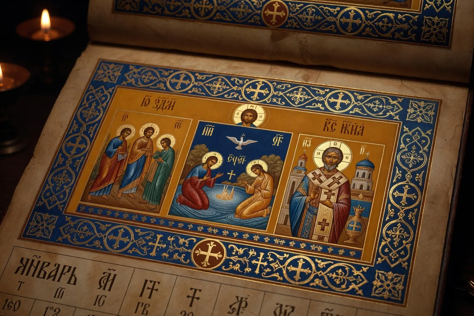 Calendrier liturgique orthodoxe russe ouvert sur janvier — Theophanie et saint Basile