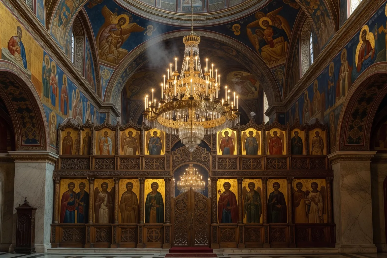 Intérieur de la cathédrale Saint-Alexandre-Nevsky à Paris — iconostase et chandelier
