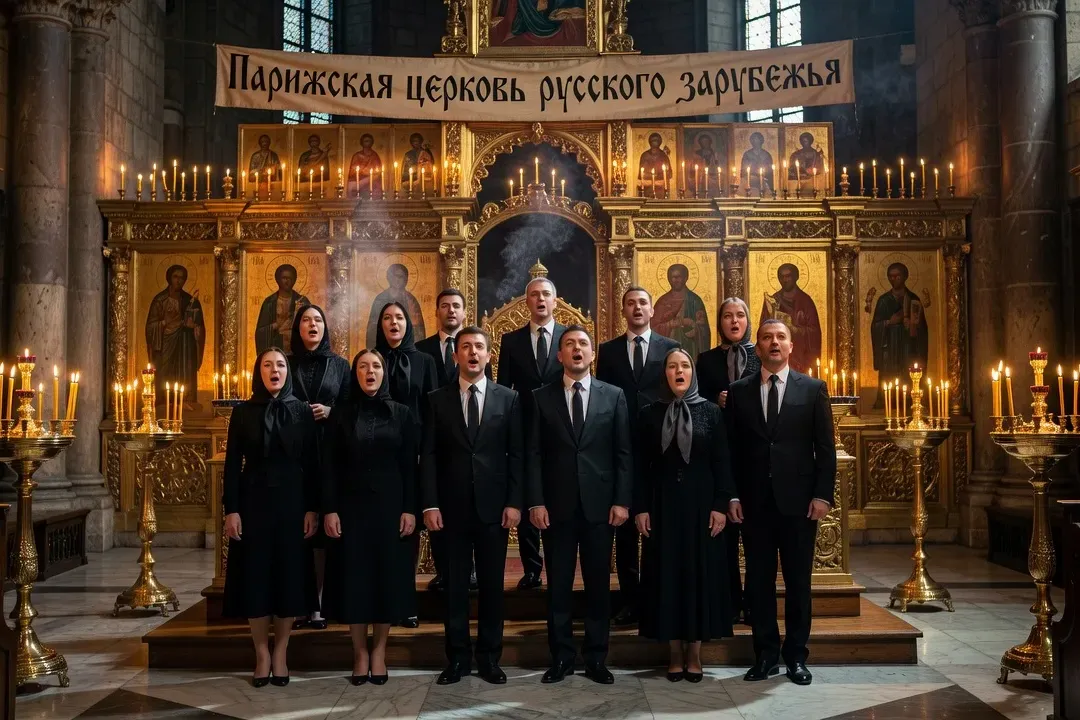 Chorale orthodoxe russe chantant la polyphonie du XVIIe siècle, Liturgie Divine, icônes en arrière-plan