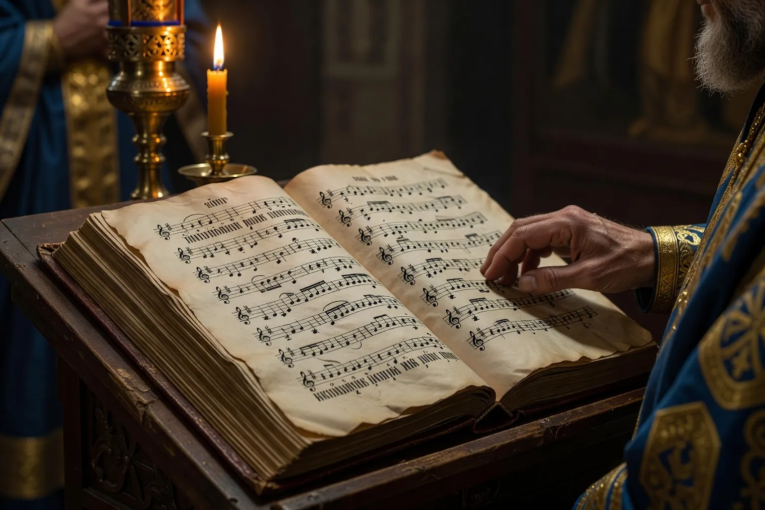 Livre de chant slavon ouvert avec neumes — chant byzantin orthodoxe