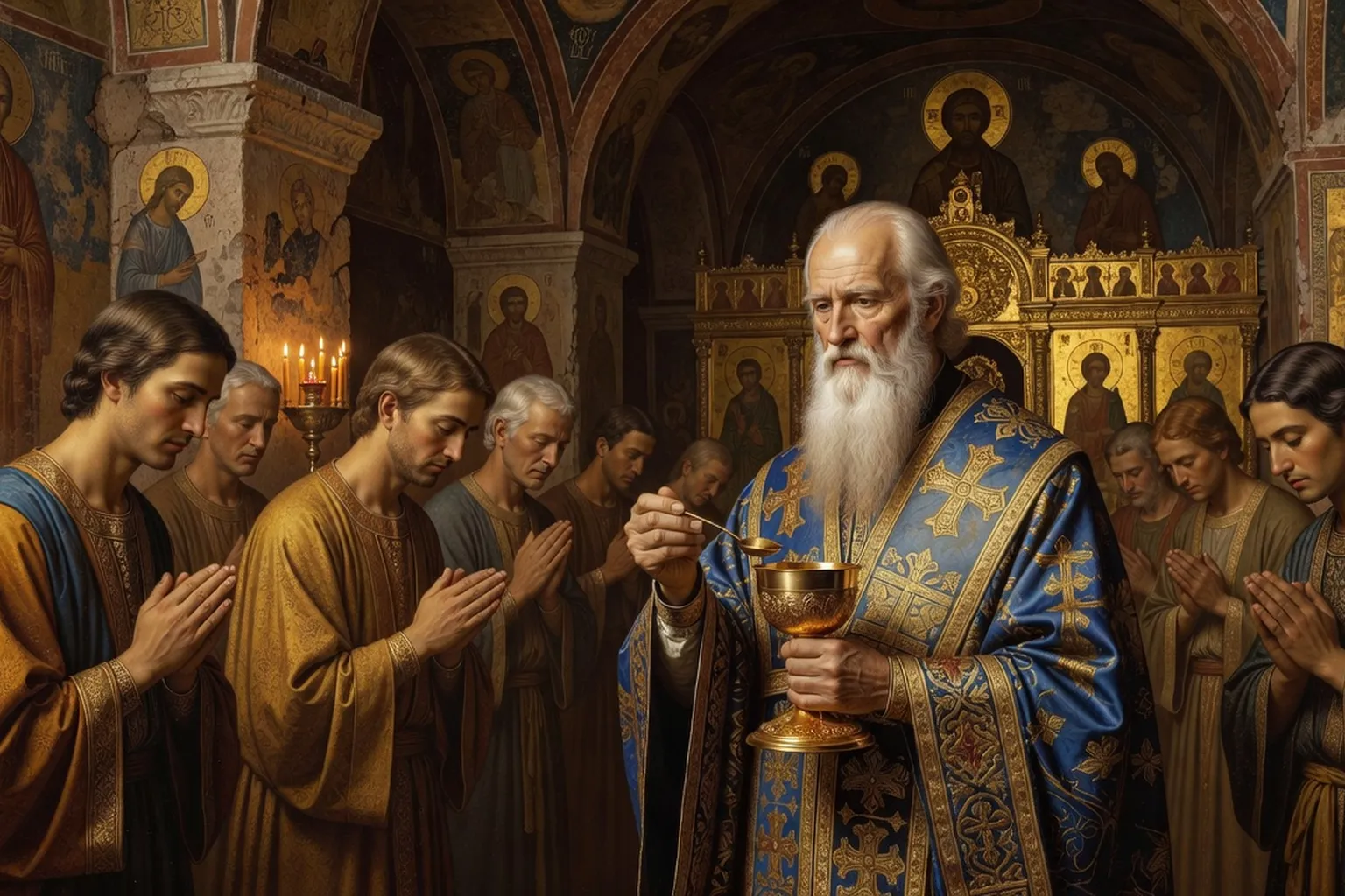 Communion eucharistique dans une eglise orthodoxe russe a la fin de la Divine Liturgie