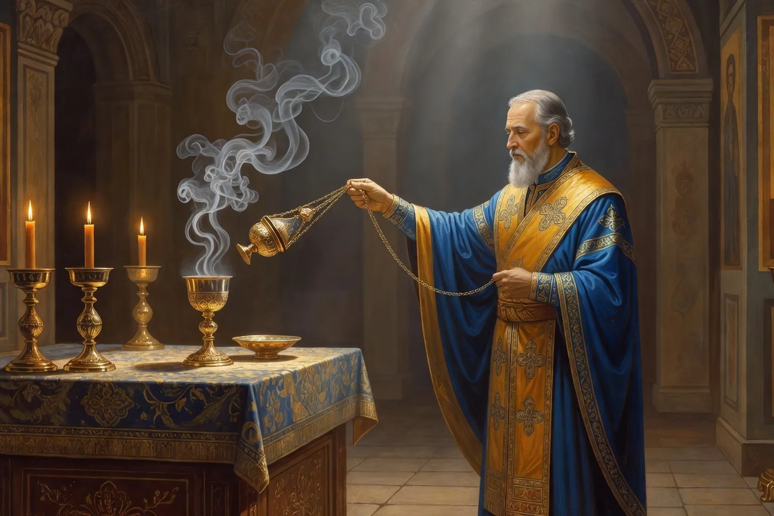 Diacre orthodoxe russe encensant l'autel pendant la Divine Liturgie