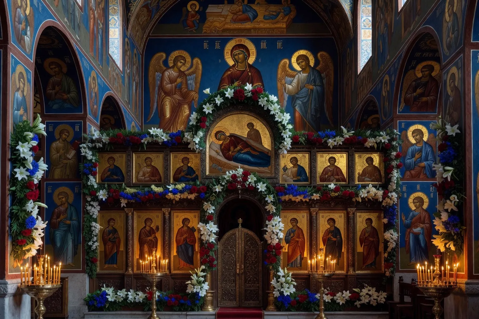 Église orthodoxe russe ornée de fleurs pour la Dormition de la Mère de Dieu