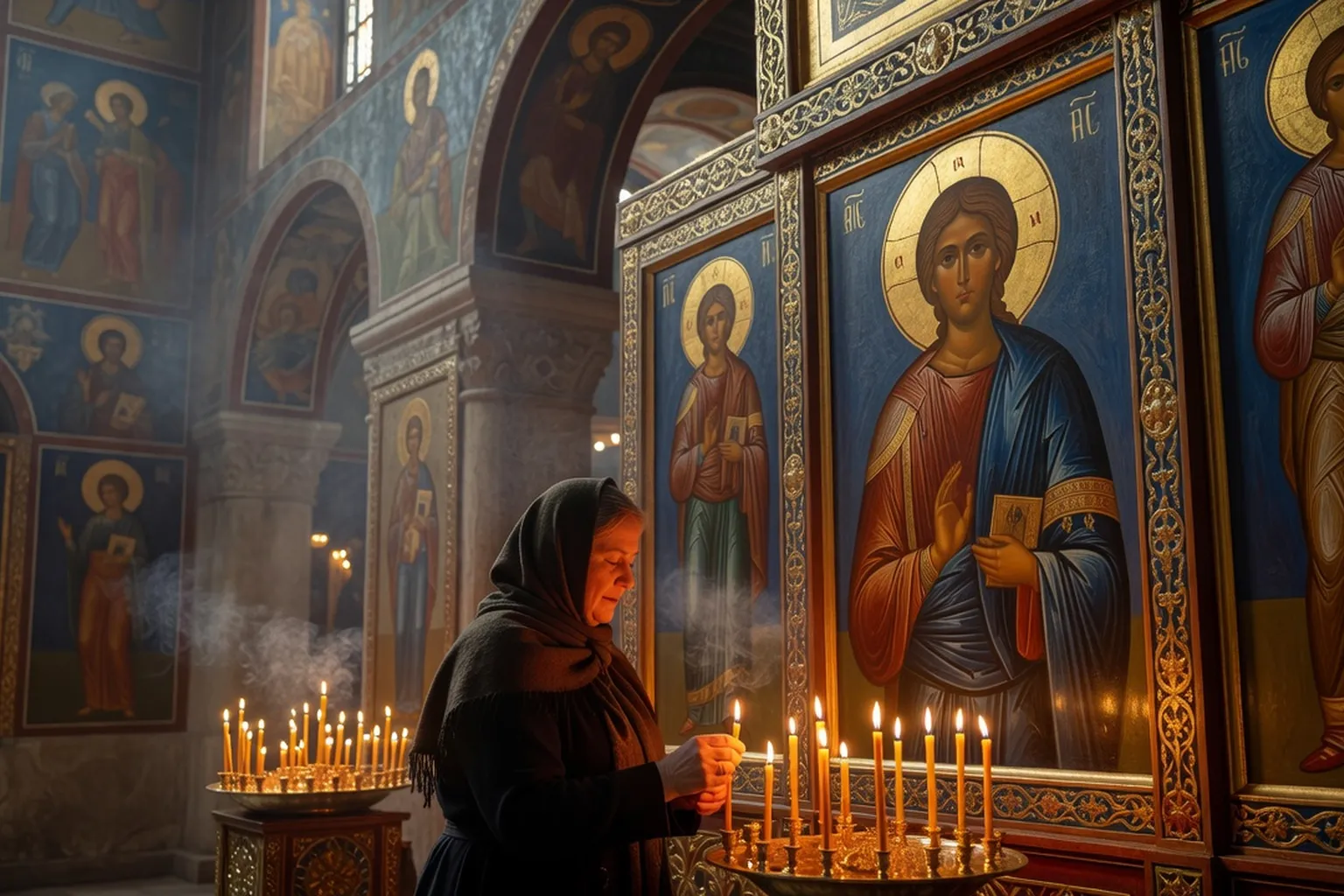 Visiteur allumant un cierge devant une icone — decouverte de l'orthodoxie russe