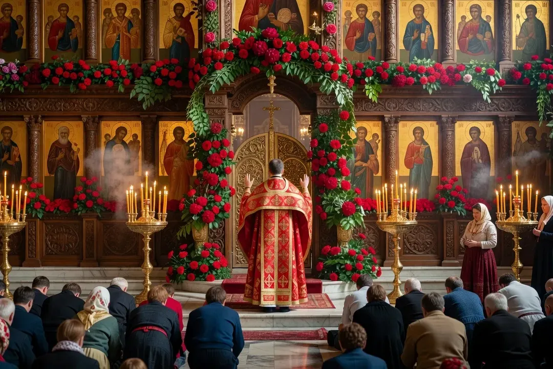 Procession orthodoxe russe pour la Pentecôte de la Troïtsa avec des branches de bouleau et des fleurs, tradition slave festive