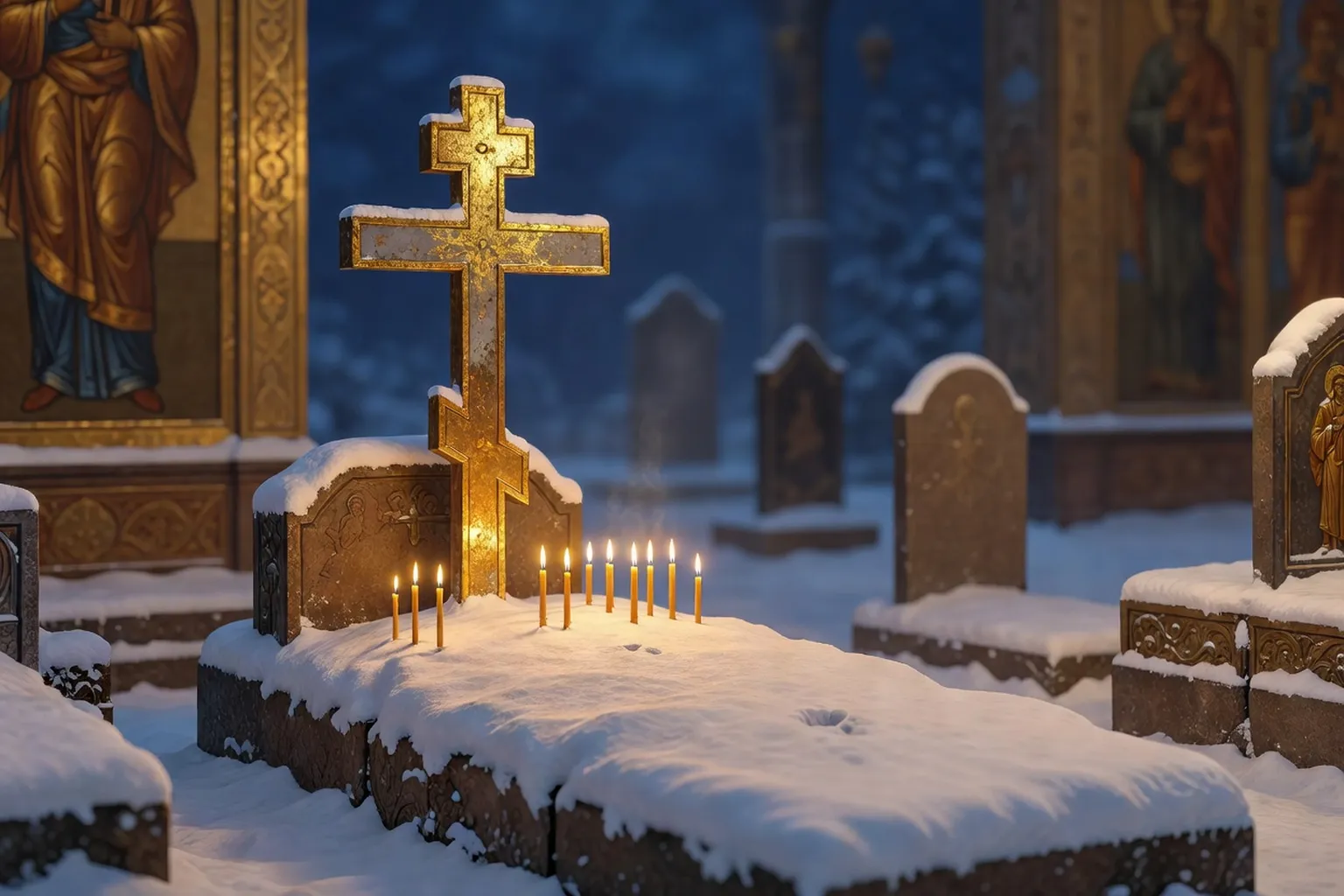 Croix orthodoxe russe à trois barres sur une tombe — neige et cierges