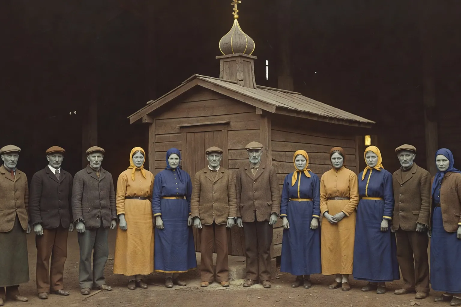 Ouvriers russes émigrés de l'usine Hutchinson devant leur chapelle en bois — Loiret 1930