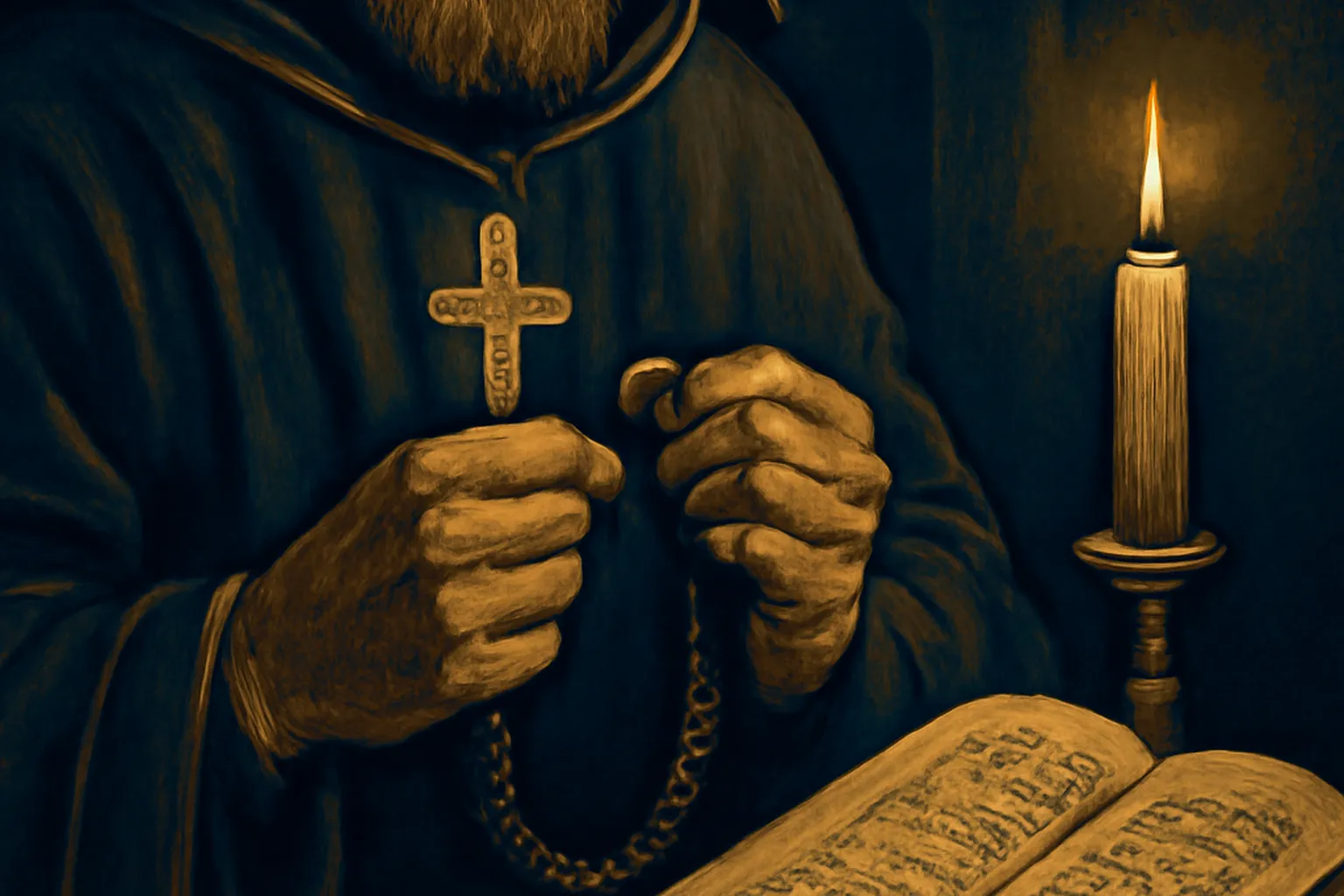 Chapelet orthodoxe tchotki en laine noire posé sur un livre de prière slavon
