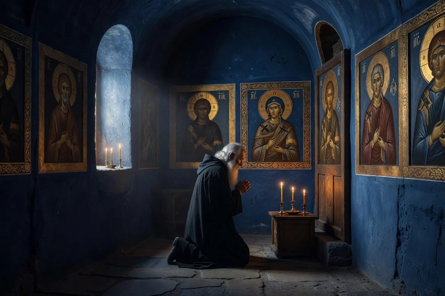Cellule monastique orthodoxe russe avec icône et lampe à huile
