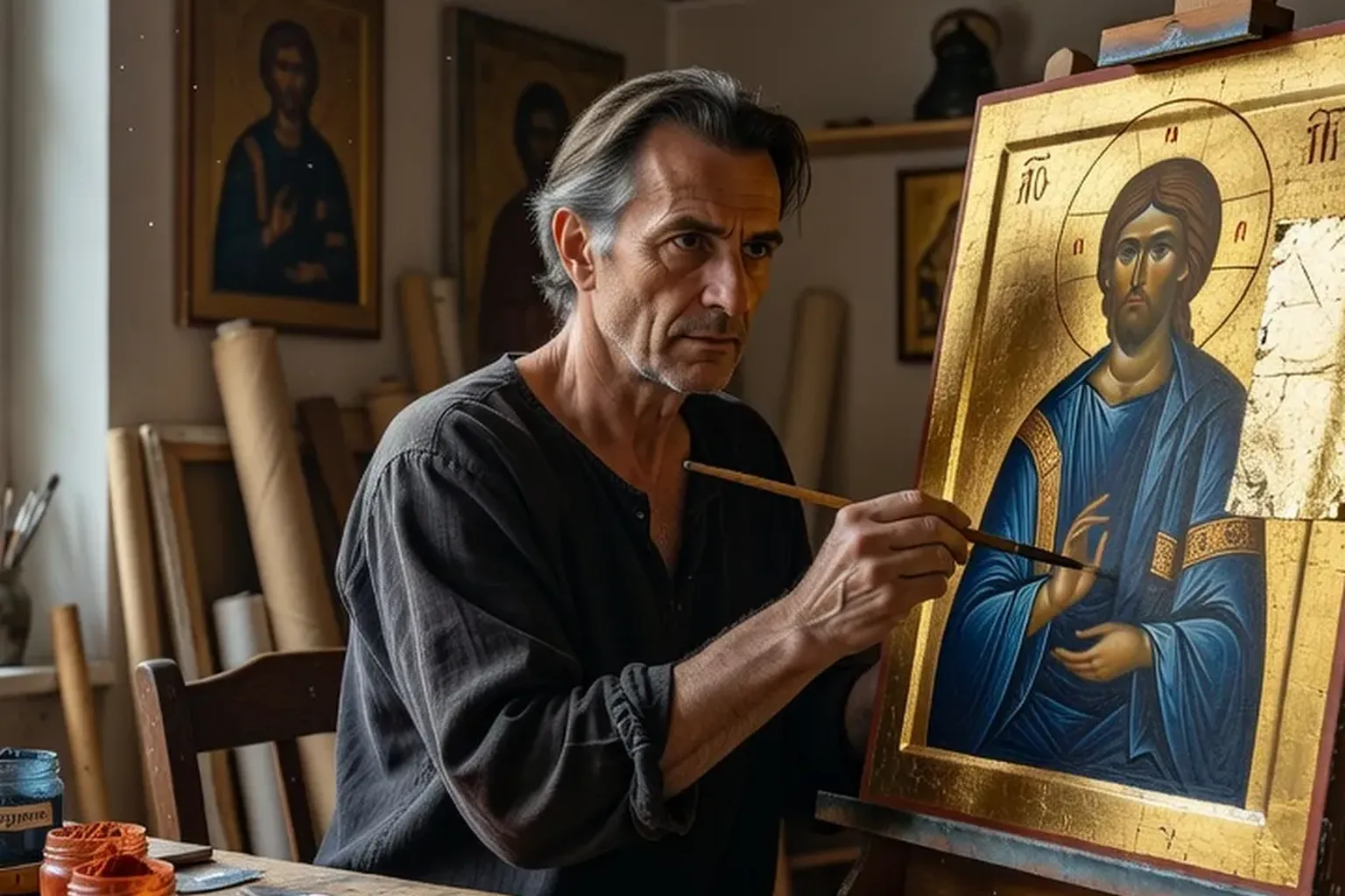 Iconographe au travail dans un atelier d'iconographie orthodoxe russe en France