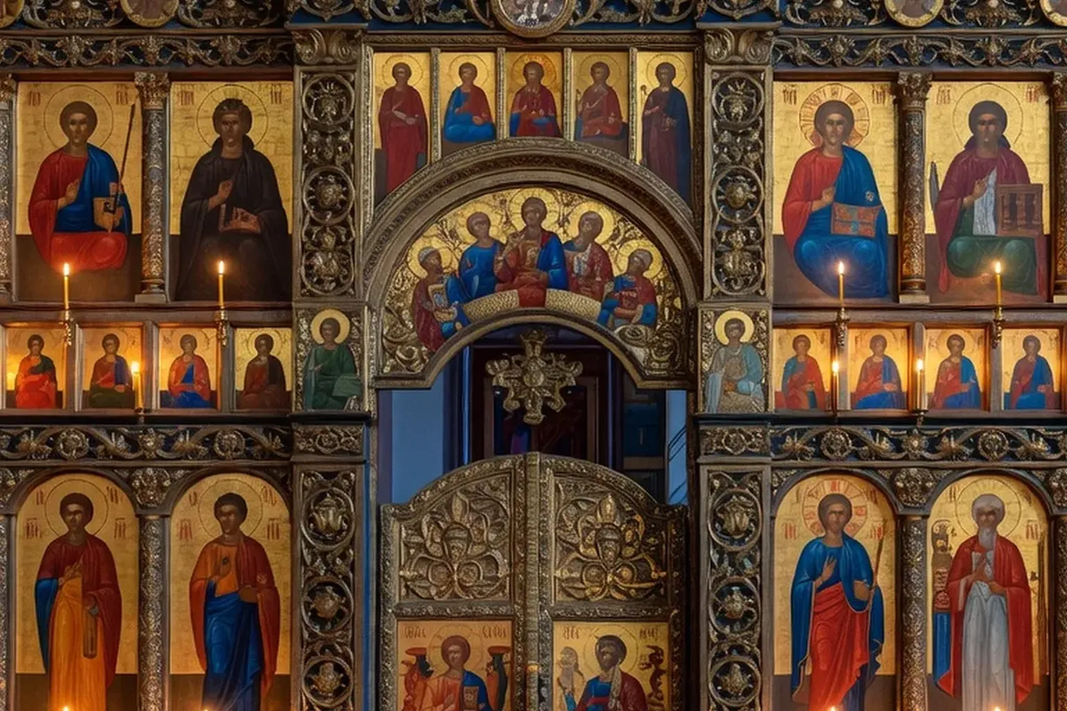Détail d'un iconostase orthodoxe russe avec icônes en plusieurs registres