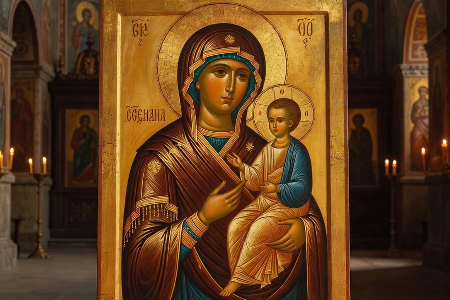 Icône orthodoxe russe achevée de la Mère de Dieu Hodigitria — atelier