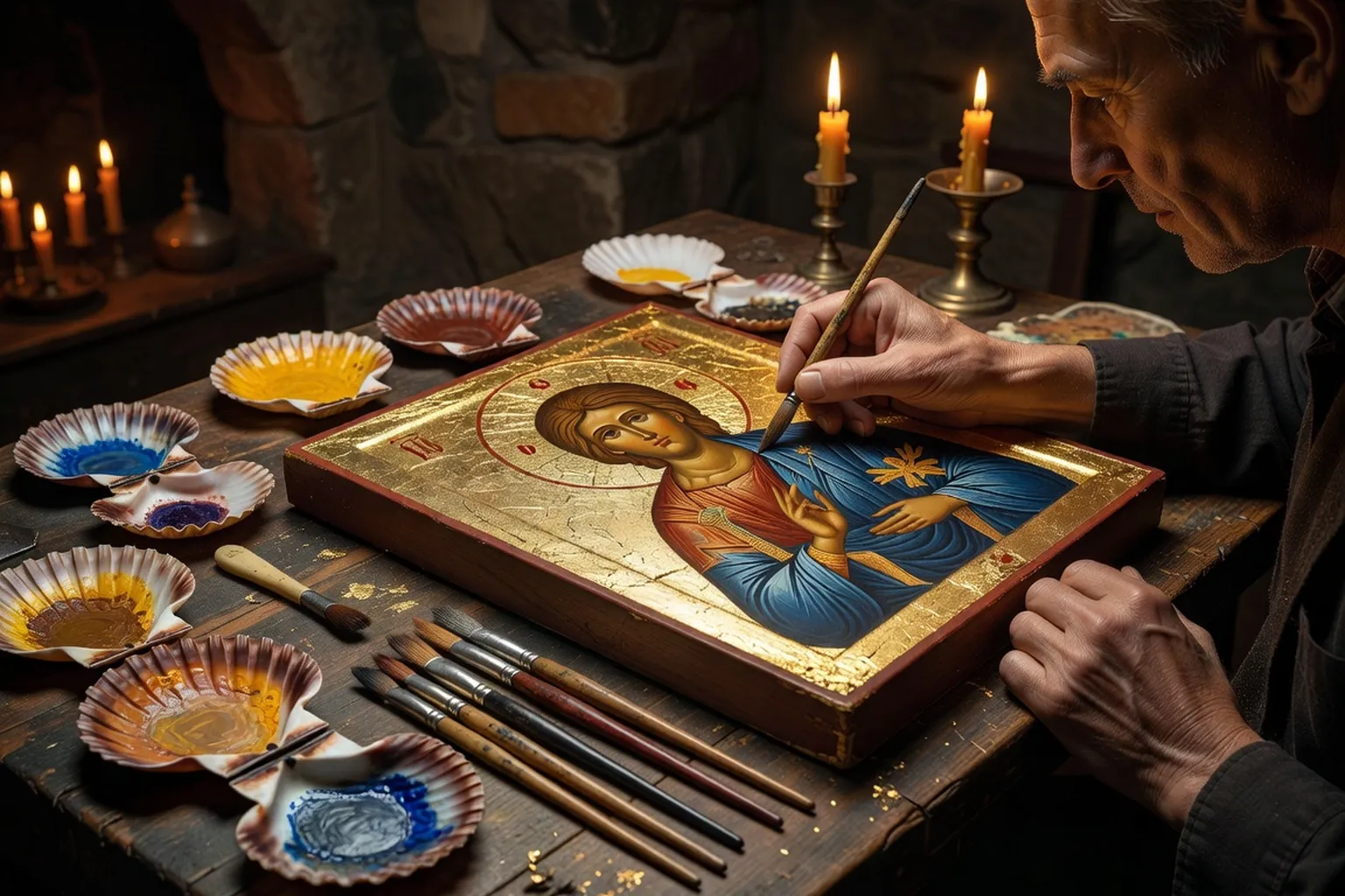 Iconographe appliquant la feuille d'or sur une auréole — atelier d'icônes orthodoxes