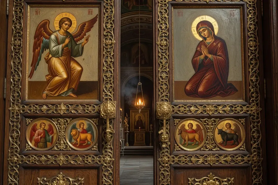 Portes royales de l'iconostase orthodoxe russe, Annonciation et Évangélistes, bois doré sculpté, style XVIIIᵉ, lumière chaude de musée