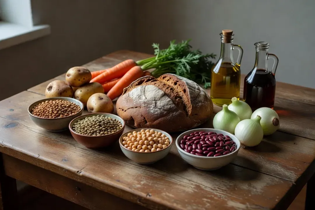 Repas de jeûne orthodoxe russe pour le Grand Carême — pain, légumineuses, légumes, absence de viande et produits laitiers, table simple en bois