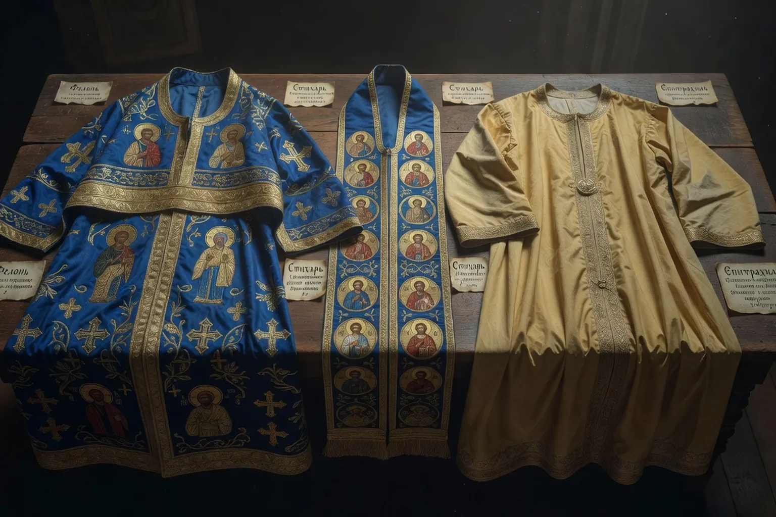 Vetements sacerdotaux orthodoxes russes disposes — phelonion, sticharion, epitrachelion