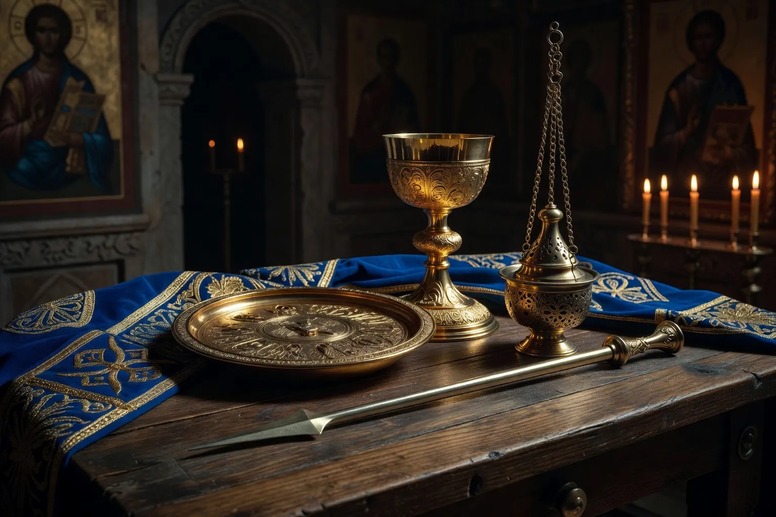 Objets liturgiques orthodoxes russes — calice, discos, lance, encensoir