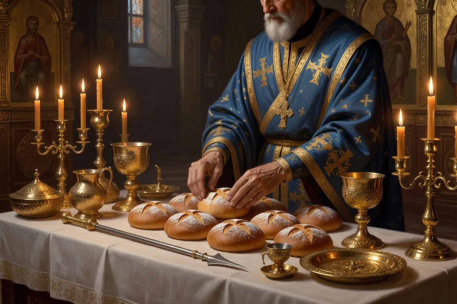 Préparation des saintes oblations sur la table de proscomidie dans une église orthodoxe russe