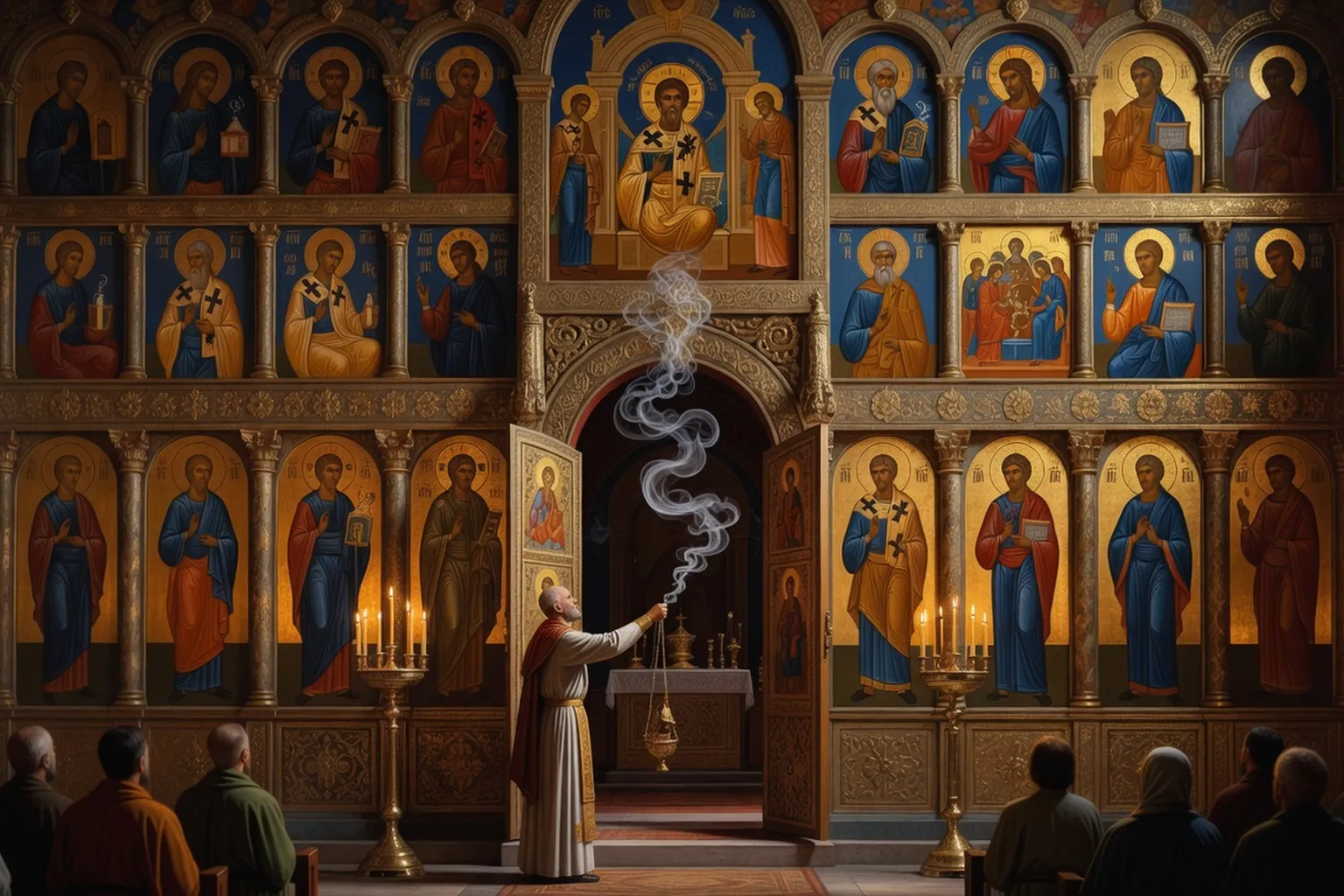 Iconostase orthodoxe russe portes royales ouvertes pendant l'anaphore