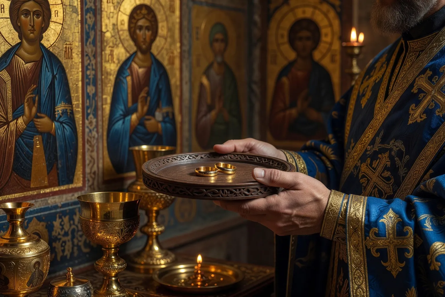 Échange des alliances pendant un mariage orthodoxe russe — moment liturgique