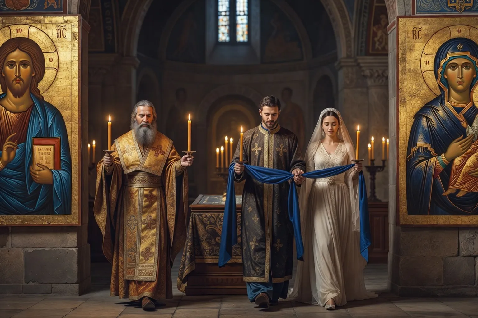 Procession orthodoxe russe autour de l'analoy pendant le couronnement nuptial