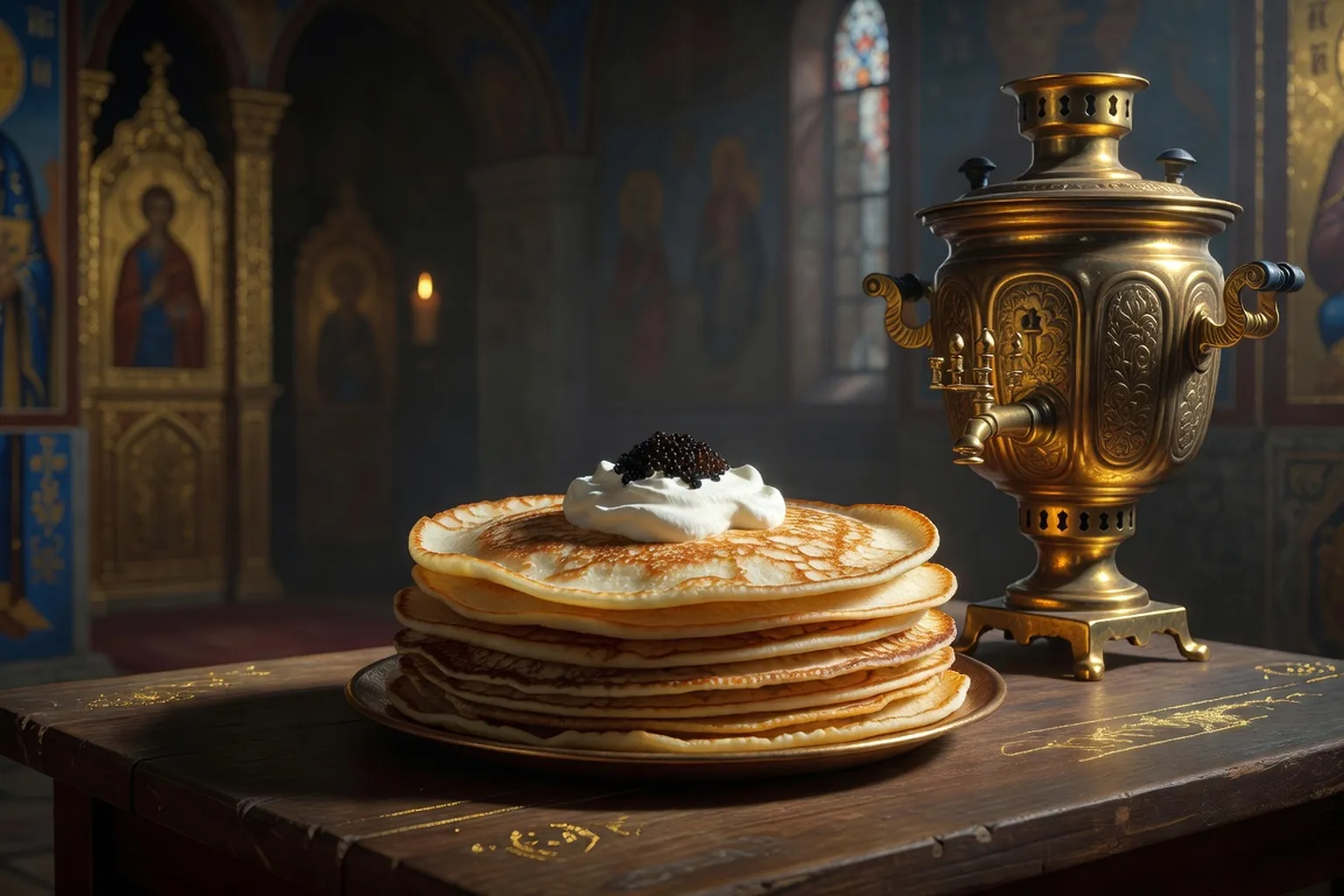 Blinis de Maslenitsa empilés avec smetana et caviar — tradition russe orthodoxe