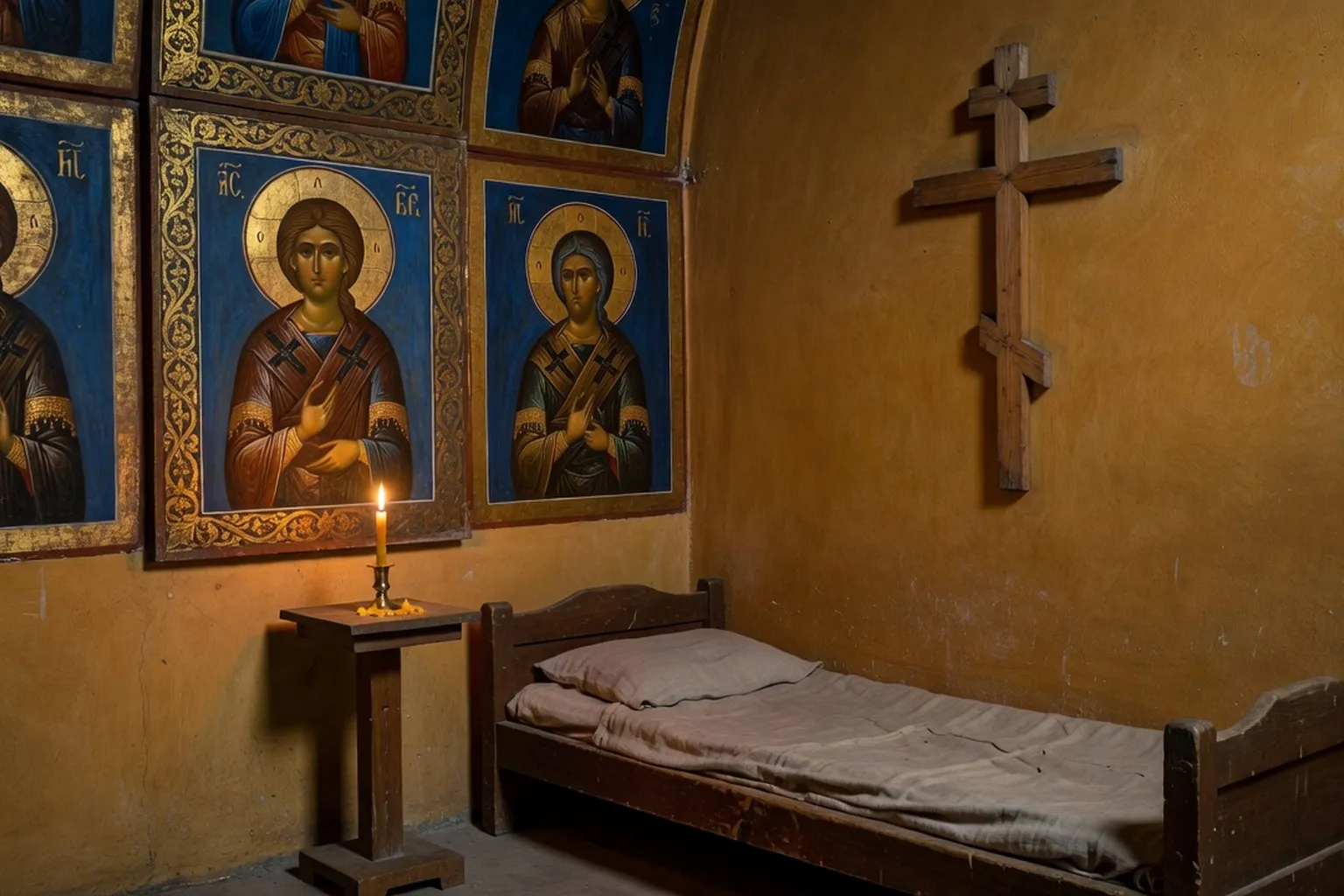 Cellule monastique orthodoxe russe — coin icône et croix de bois