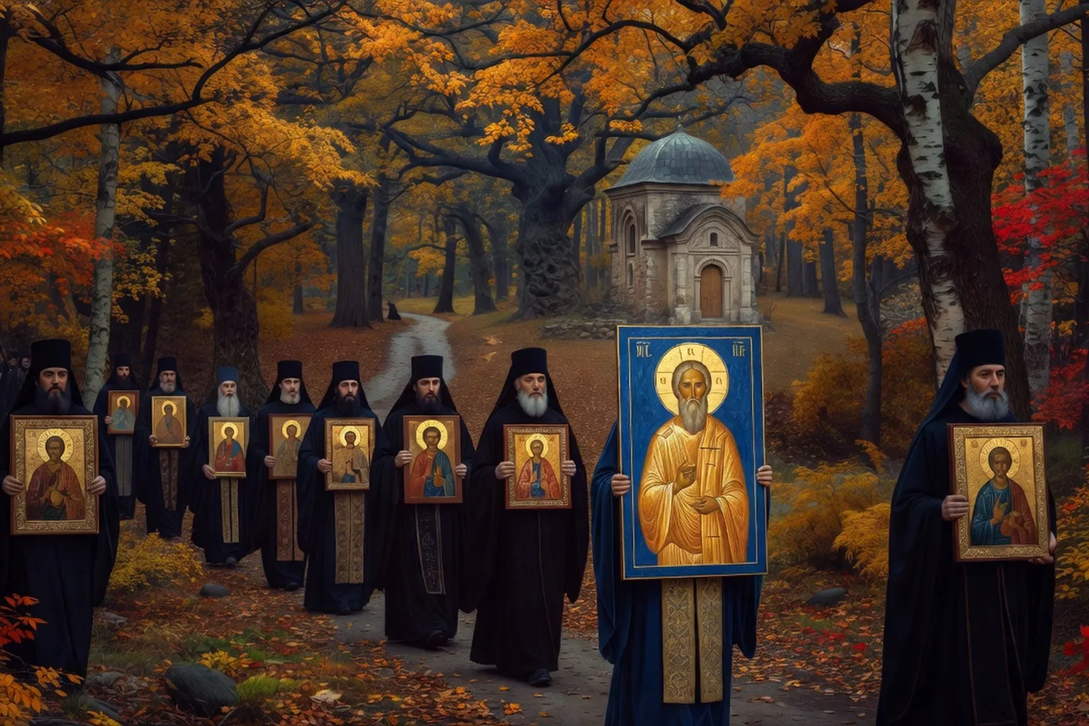 Procession de moines orthodoxes russes vers un monastère en France