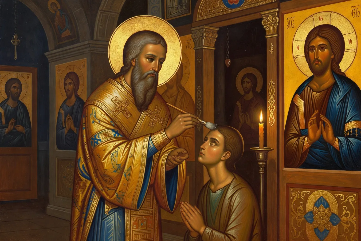 Onction de l'huile sainte sur le front d'un fidèle dans la tradition orthodoxe russe