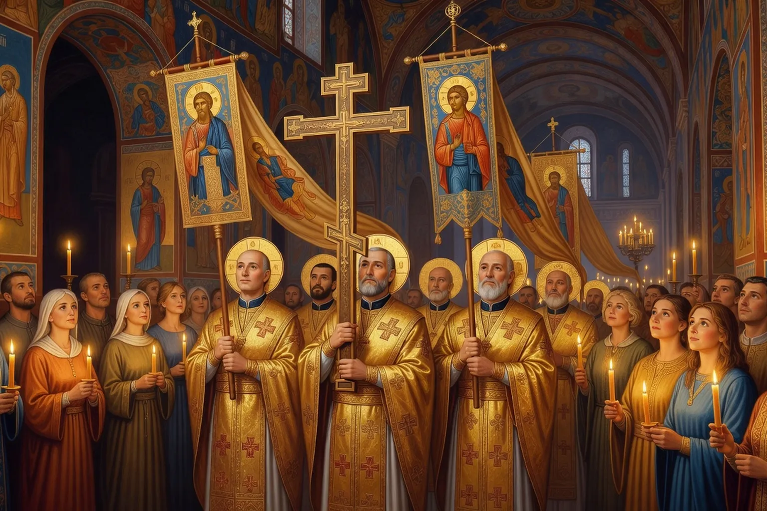Procession de la nuit de Pâques orthodoxe russe — cierges et bannières