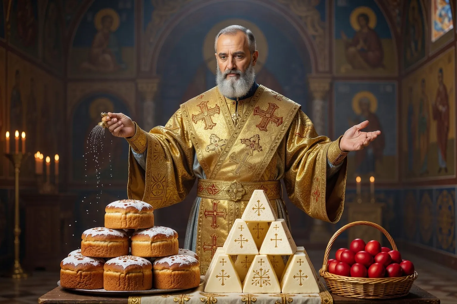Bénédiction du koulitch et de la paskha pendant Pâques orthodoxe russe