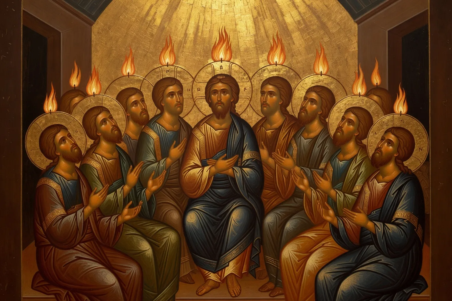 Icône orthodoxe russe de Pentecôte — apôtres recevant les langues de feu