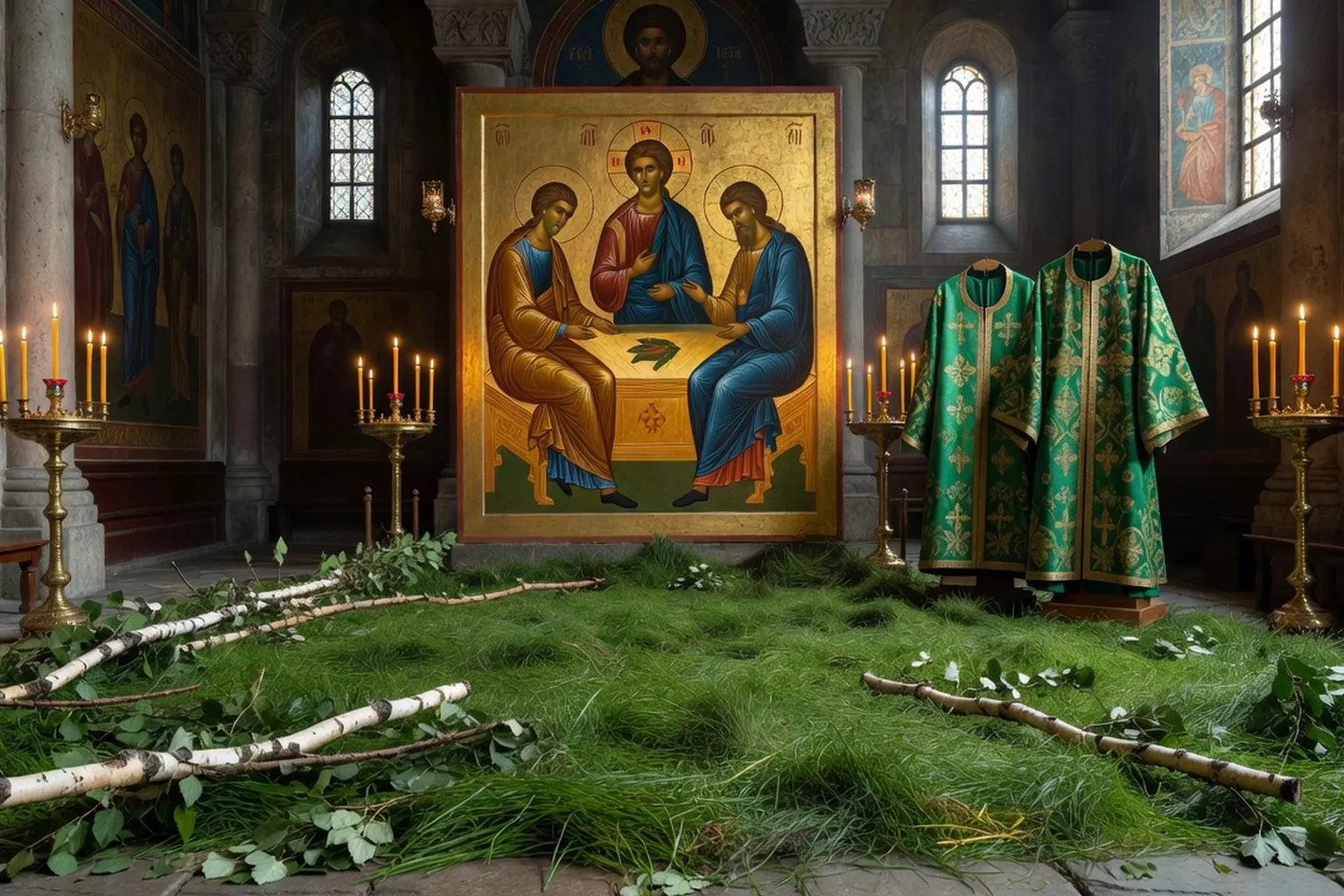 Sol d'une église orthodoxe russe couvert d'herbe et de bouleaux pour Pentecôte