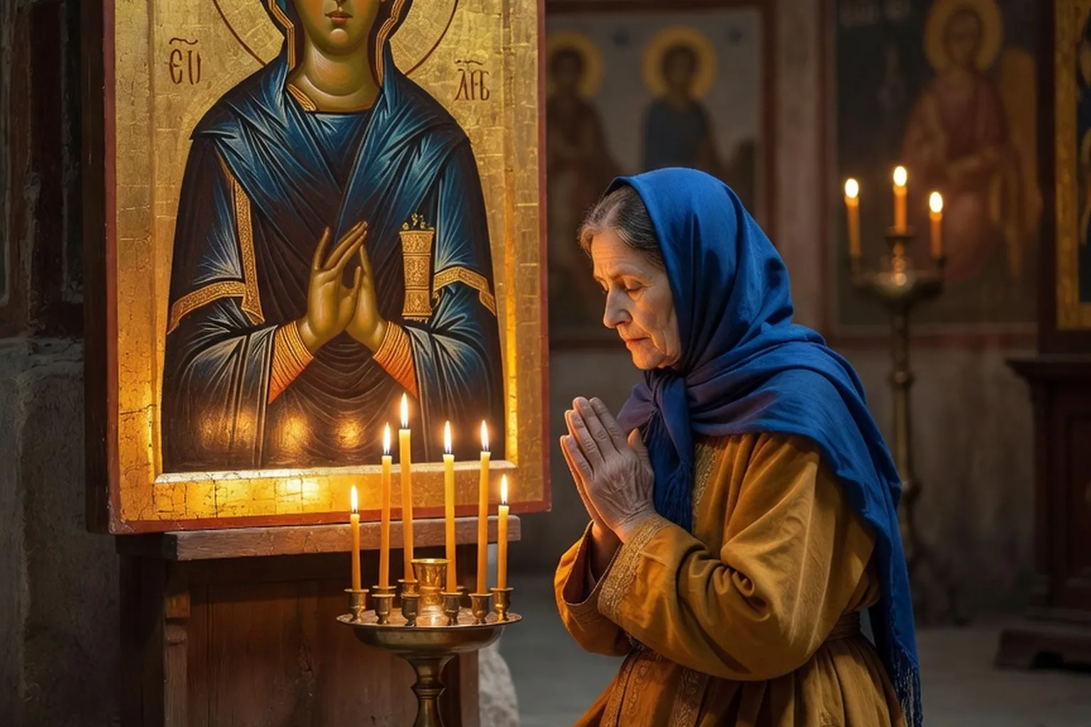 Femme orthodoxe russe en platok agenouillée en prière devant une icône