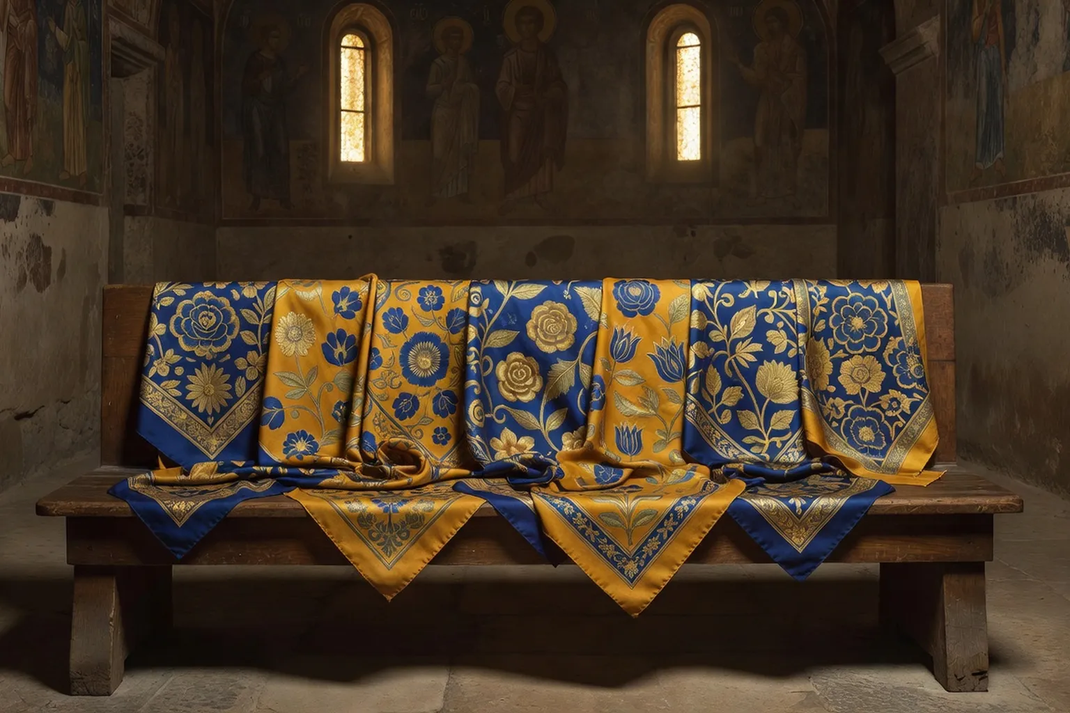 Foulards platok traditionnels russes pliés dans le narthex d'une église orthodoxe