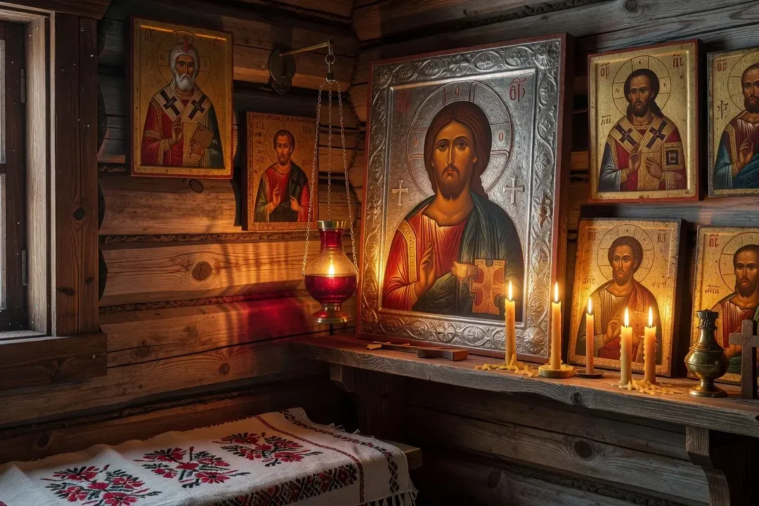 Fidèle orthodoxe russe en prière devant une icône, foulard blanc, lumière de cierge