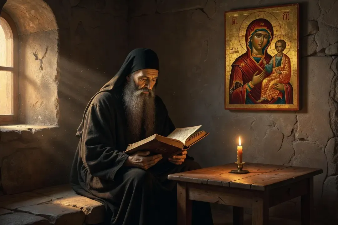 Livre de prière orthodoxe slavon ancien et chapelet monastique tchotki sur table en bois de cèdre