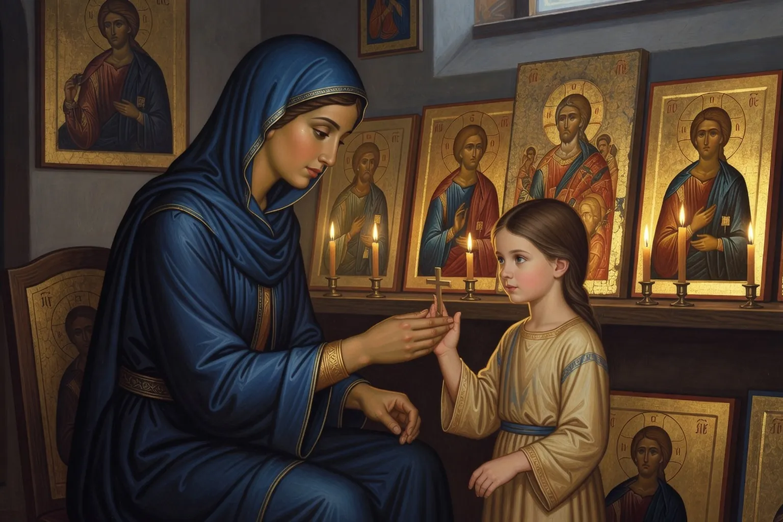 Mère de famille orthodoxe russe apprenant une prière à son enfant devant une icône