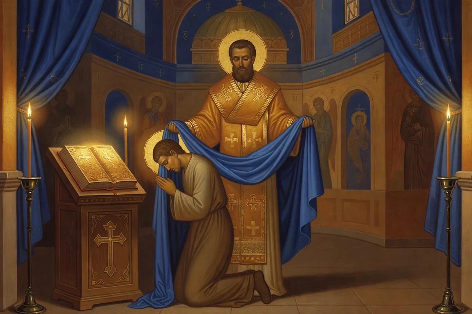 Confession orthodoxe russe avec étole sur la tête du pénitent
