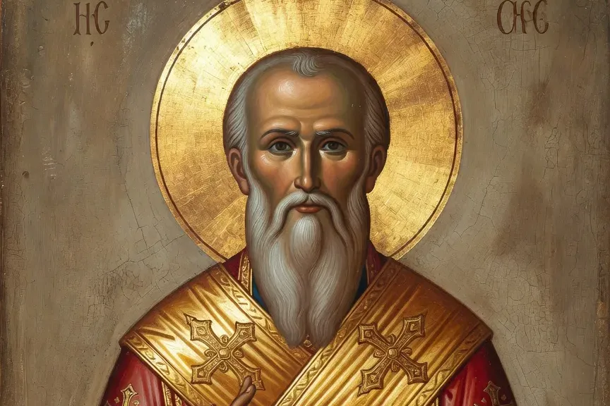 Icône de saint Nicolas de Myre en style byzantin russe, habit épiscopal, nimbe doré, geste de bénédiction, iconographie orthodoxe traditionnelle
