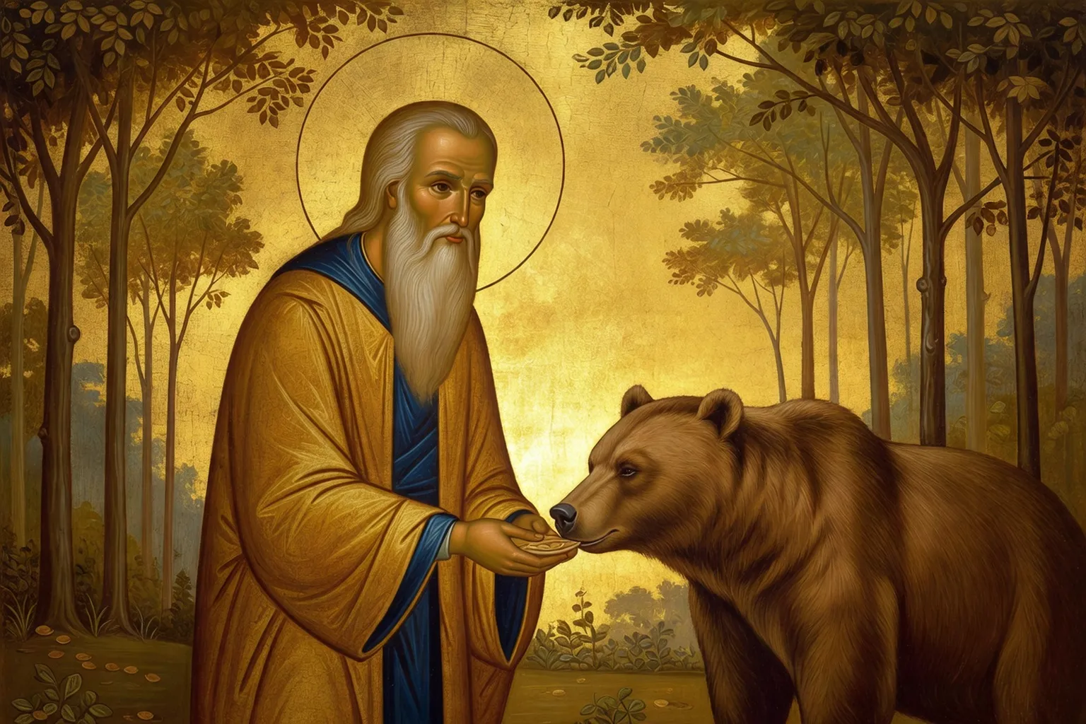 Icône de saint Séraphim de Sarov nourrissant un ours dans la forêt