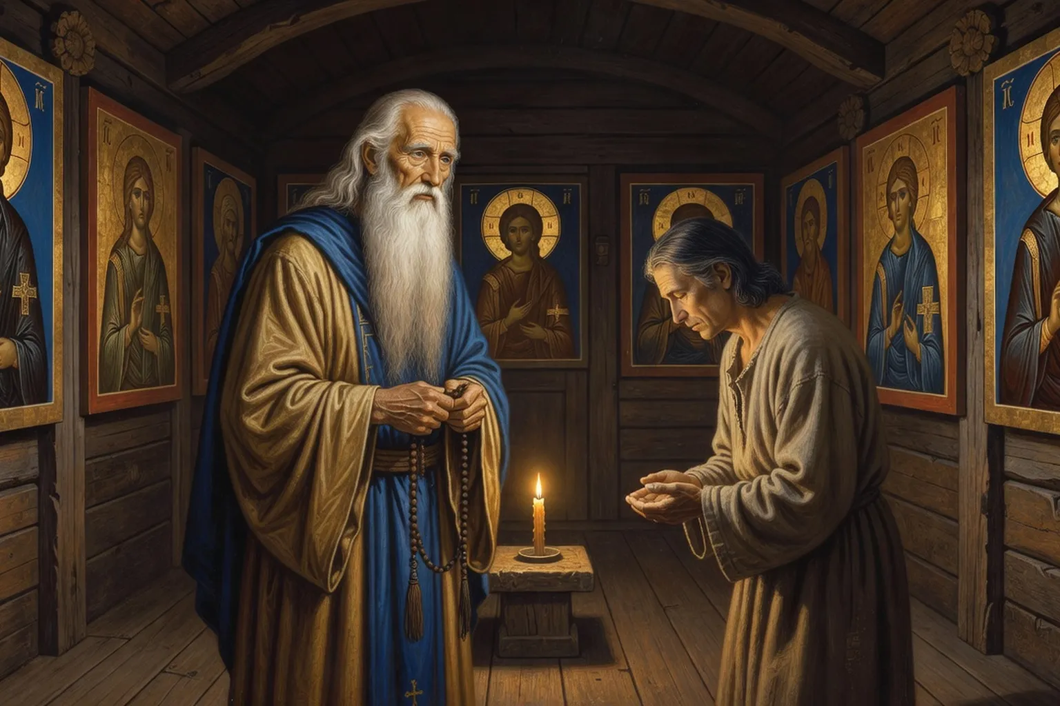 Staretz orthodoxe russe accueillant un fidèle dans sa cellule monastique
