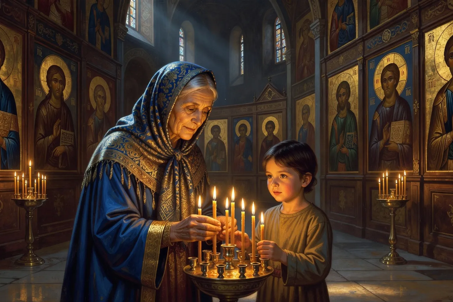 Grand-mère orthodoxe russe transmettant la tradition à sa petite-fille — allumer un cierge