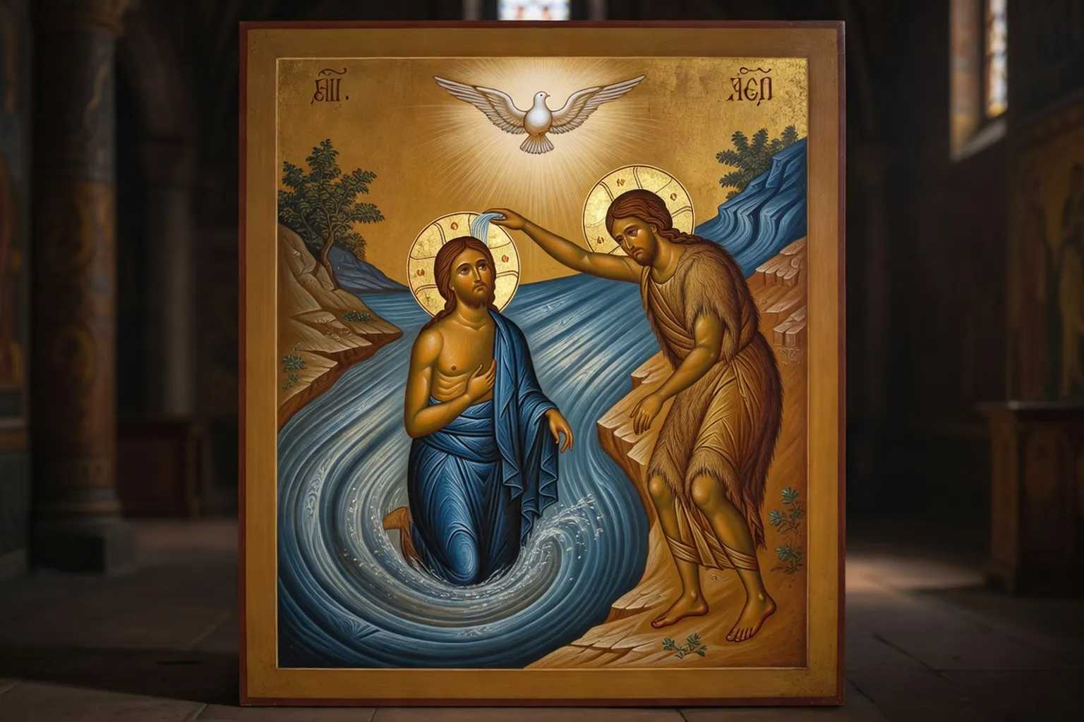 Icône orthodoxe russe du Baptême du Christ dans le Jourdain