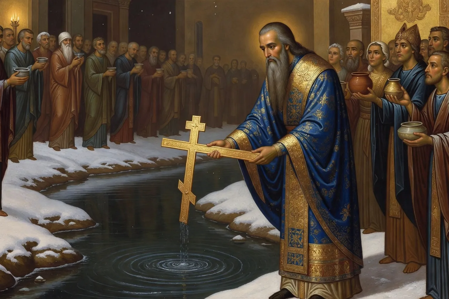 Bénédiction de l'eau dans une rivière pour Théophanie — tradition orthodoxe russe