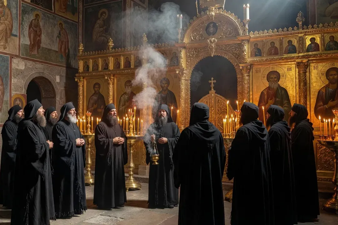 Monastère orthodoxe russe en France, extérieur en pierre avec coupole dorée et clocher, jardin en hiver